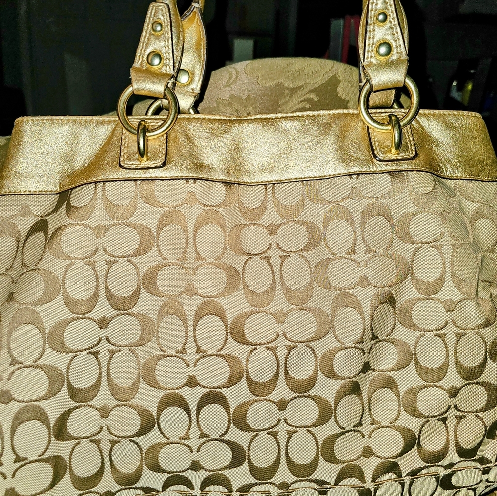 Coach poppy style Satchel Handbag, Gold colored, 16 x 12 in. - Picture 2 of 3